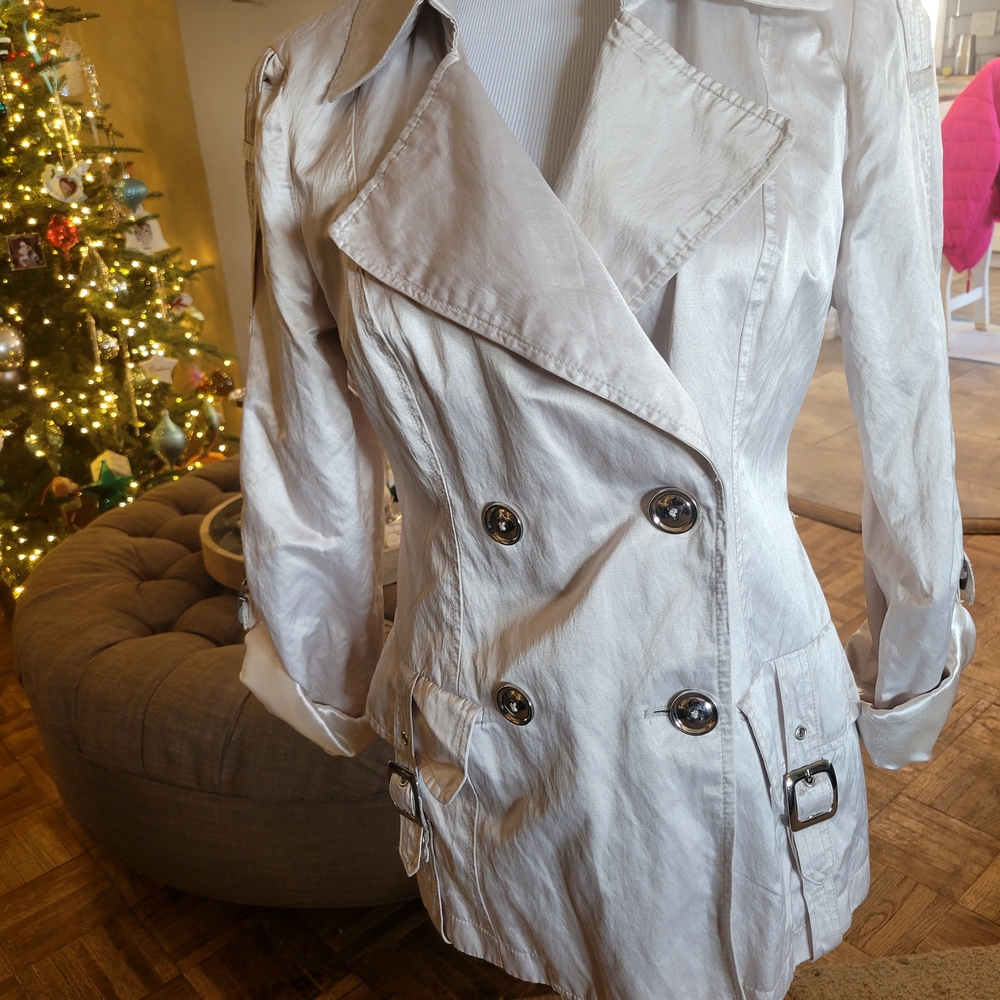 White House Black Market Shimmering Silver Trench Coat